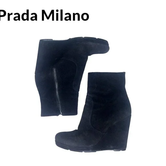 Prada Milano Women's Black Suede Ankle Wedge Boots Size 9 - Picture 6 of 9